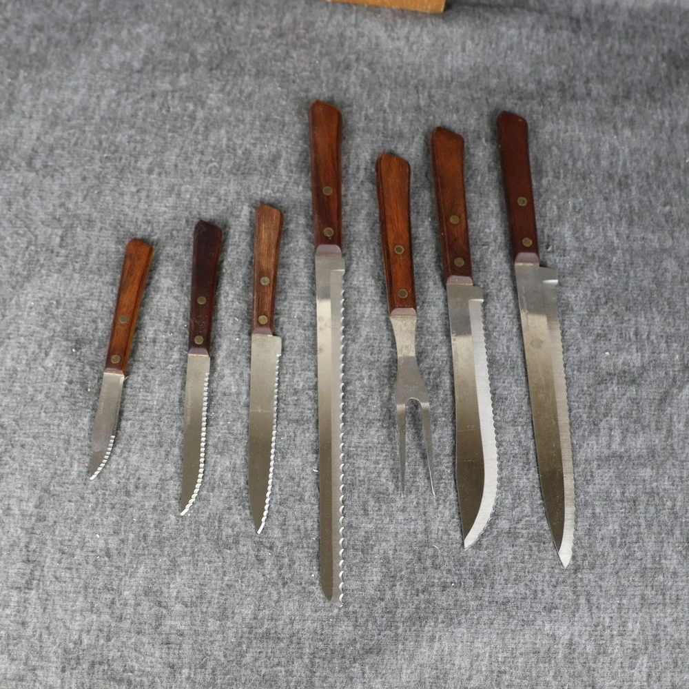 Vintage Forgecraft Knife Set Of 8 Brown Wood Handles Rack Stainless Kitchen